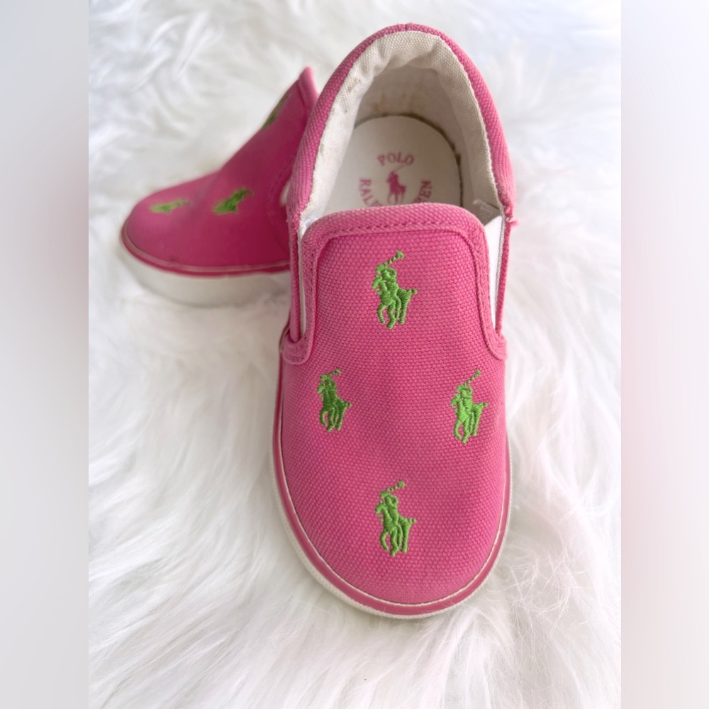 Polo by Ralph Lauren Pink Slip-On Kids Shoes with Green Polo Logos